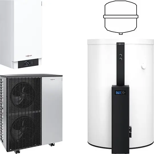 Begrenztes Angebot Viessmann Split Luft/Wasser-Wärmepumpe Vitocal 200-S AWB-E-AC 201.D13 400V mit Regelung Vitotronic 200, Pufferspeicher 120-E SVW 600l + Frischwasser-Modul - Z015549