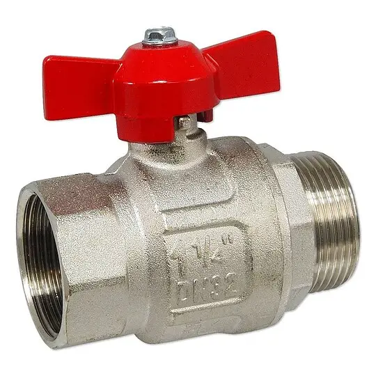 Kugelhahn 1 1/4'' IG x 1 1/4'' AG - DN 32 - Messing vernickelt - mit Flügelgriff rot - voller Durchgang Abverkauf