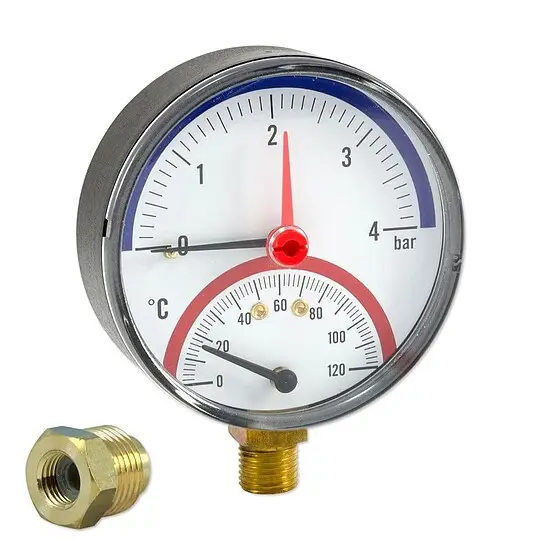 Ausverkauf Thermo-Manometer Ø 80 mm - Anschluss radial - Anzeige 0 - 4 bar / 0 bis 120 °C