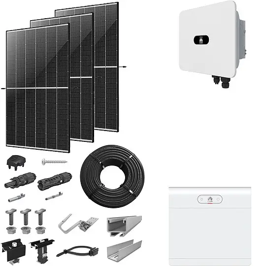 Zertifiziert PV-Komplettanlage 12 kWp mit Huawei Wechselrichter 15 kW + Stromspeicher 7,0 kWh, 30 Solarmodulen Glas-Glas black frame & Montagesystem Aufdach