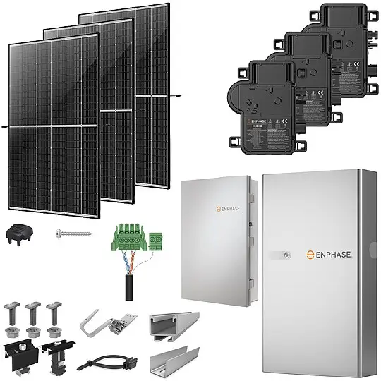 PV-Komplettanlage 12 kWp mit Enphase Mikrowechselrichtern + Stromspeicher 5,0 kWh, 30 Solarmodulen Glas-Glas black frame & Montagesystem Aufdach Sale