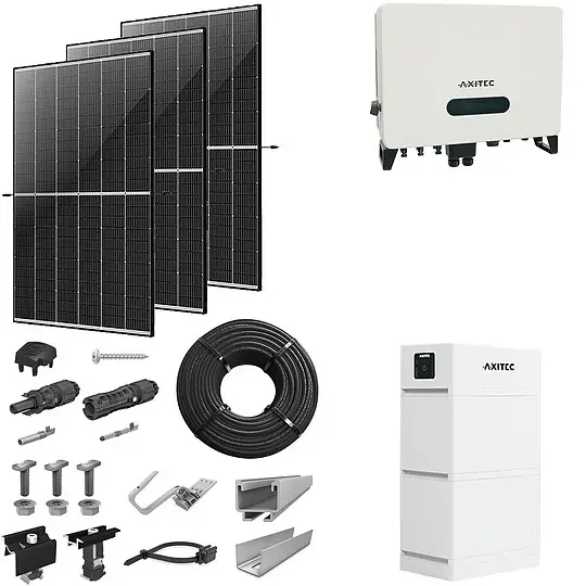 Angebot PV-Komplettanlage 5 kWp mit AXITEC Wechselrichter 5 kW + Stromspeicher 6,7 kWh, 12 Solarmodulen Glas-Glas black frame & Montagesystem Aufdach