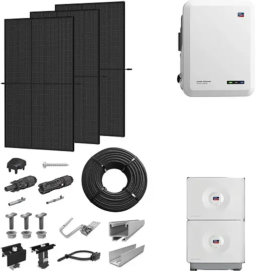 PV-Komplettanlage 5 kWp mit SMA Wechselrichter 5 kW + Stromspeicher 6,56 kWh, 12 Solarmodulen full black & Montagesystem Aufdach Direktkauf