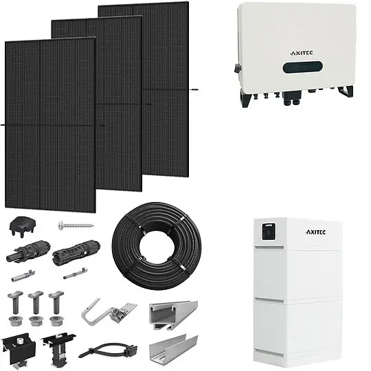 Neuheit PV-Komplettanlage 8 kWp mit AXITEC Wechselrichter 8 kW + Stromspeicher 6,7 kWh, 20 Solarmodulen Glas-Glas full black & Montagesystem Aufdach