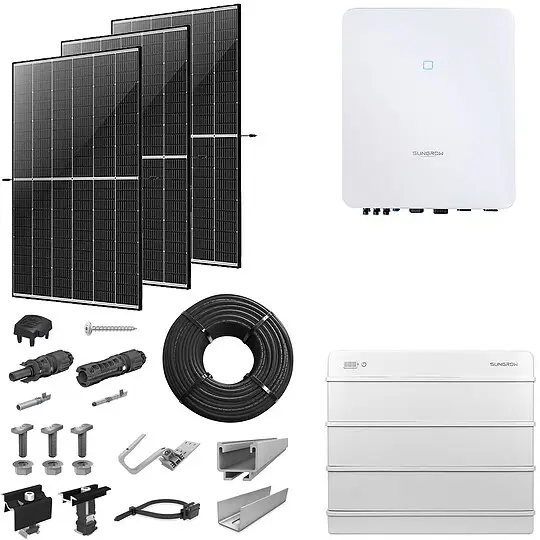 PV-Komplettanlage 8 kWp mit Sungrow Wechselrichter 8 kW + Stromspeicher 9,6 kWh, 20 Solarmodulen Glas-Glas black frame & Montagesystem Aufdach Mega-Angebot