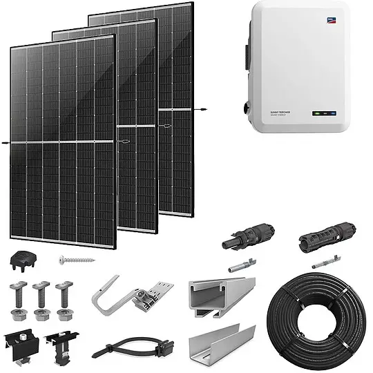 Günstig PV-Komplettanlage 10 kWp mit SMA Wechselrichter 10 kW, 24 Solarmodulen black frame & Montagesystem Aufdach