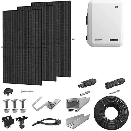 PV-Komplettanlage 5 kWp mit SMA Wechselrichter 5 kW, 12 Solarmodulen full black & Montagesystem Aufdach Versand Am Gleichen Tag