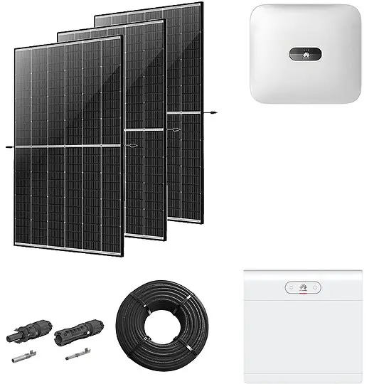 Nur Für Kurze Zeit Photovoltaik-Paket 5 kWp mit Huawei Wechselrichter 5 kW + Stromspeicher 5,0 kWh, 12 Solarmodulen Glas-Glas black frame