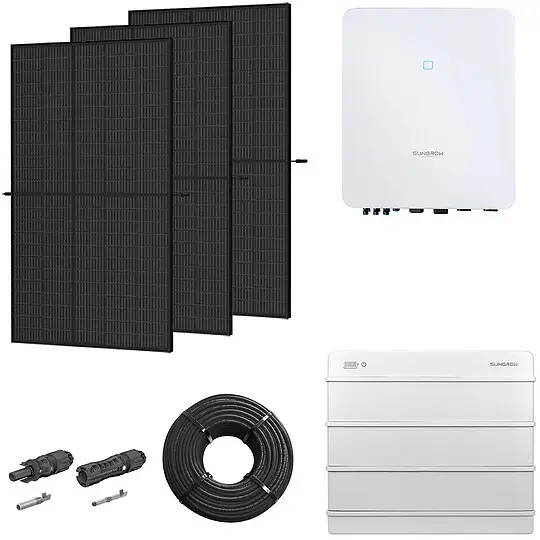 Photovoltaik-Paket 5 kWp mit Sungrow Wechselrichter 5 kW + Stromspeicher 9,6 kWh, 12 Solarmodulen Glas-Glas full black Begrenztes Angebot