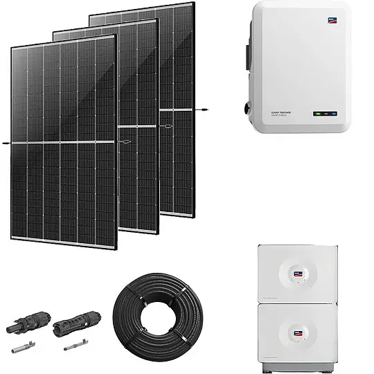 Gratis Versand Photovoltaik-Paket 8 kWp mit SMA Wechselrichter 8 kW + Stromspeicher 6,56 kWh, 20 Solarmodulen black frame