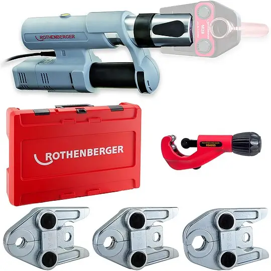 Begrenztes Angebot ROTHENBERGER ROMAX AC Eco Pressmaschine 230 V inkl. System-Box, Pressbacken V 15, 18, 22 & Gratis Rohrabschneider