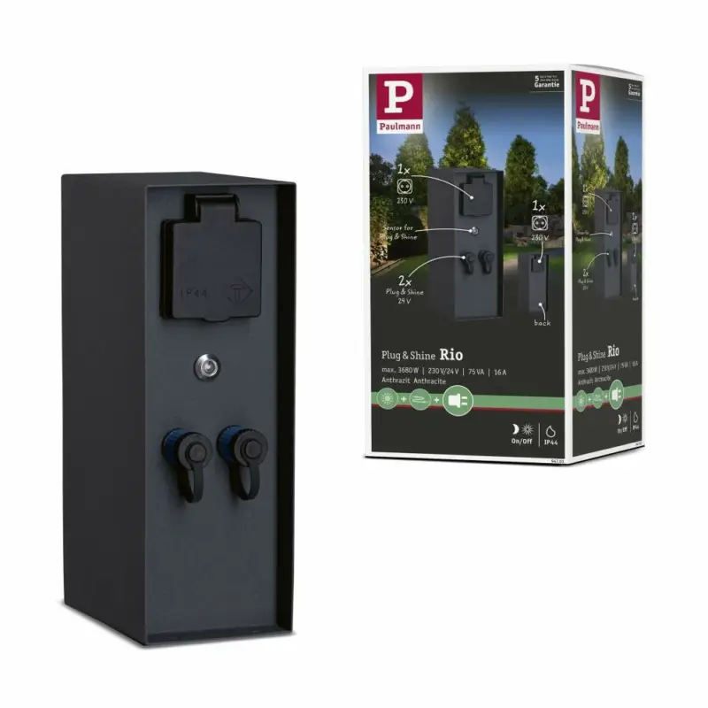 Expressversand Paulmann Plug & Shine Steckdosensäule Rio Dämmerungssensor IP44 Anthrazit