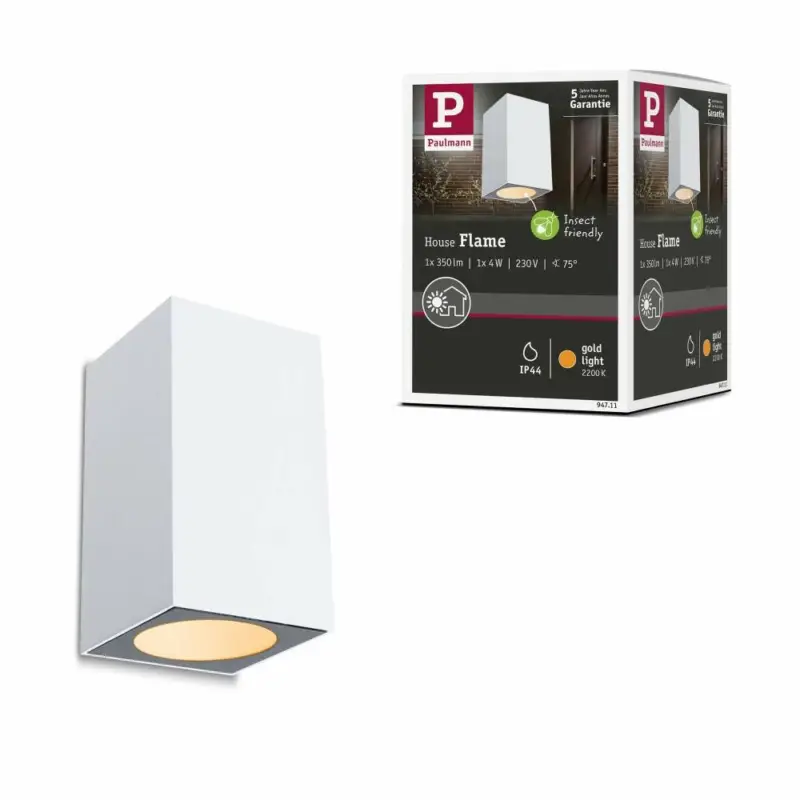 Heißes Angebot Paulmann LED Außenwandleuchte Flame insektenfreundlich IP44 eckig 58x103mm 2200K 4W 265lm 230V 75° Weiß Metall