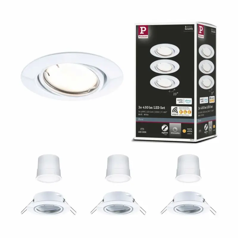 Paulmann LED Einbauleuchte Smart Home Zigbee Base Coin Basisset schwenkbarrund 90mm 20°3x4,9W 3x430lm 230V dimmbar 3000K Weiß Saisonangebot