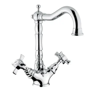 Waschtisch-Einlochbatterie AqvaRetro II - 1" 1/4 Zugstangen-Ablaufgarnitur - keramische Innenoberteile 90° - flexible Druckschläuche 3/8", DVGW W270 - chrom Mega-Angebot