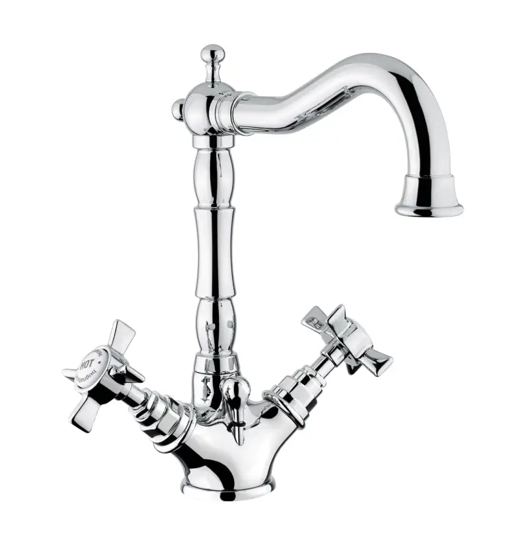 Waschtisch-Einlochbatterie AqvaRetro II - 1" 1/4 Zugstangen-Ablaufgarnitur - keramische Innenoberteile 90° - flexible Druckschläuche 3/8", DVGW W270 - chrom Mega-Angebot