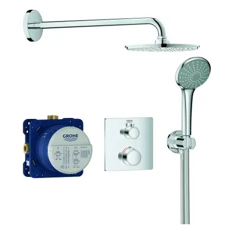 Duschsystem Unterputz Grohtherm 34734, mit Grohtherm Thermostat mit integrierter 2-Wege-Umstellung, Rainshower Cosmopolitan 210 Metall-Kopfbrause, eckige Rosette Expressversand