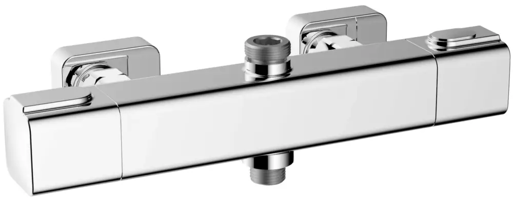 Thermostat-Brausebatterie AqvaTherm - soft-edge - Brauseabgang 1/2″ unten - Brauseabgang 3/4" oben - keramisches 2-Wege-Ventil - cool touch - Edelstahlfilter - S-Anschlüsse mit Rosetten - eigensicher - Sicherheitstaste - chrom Neu