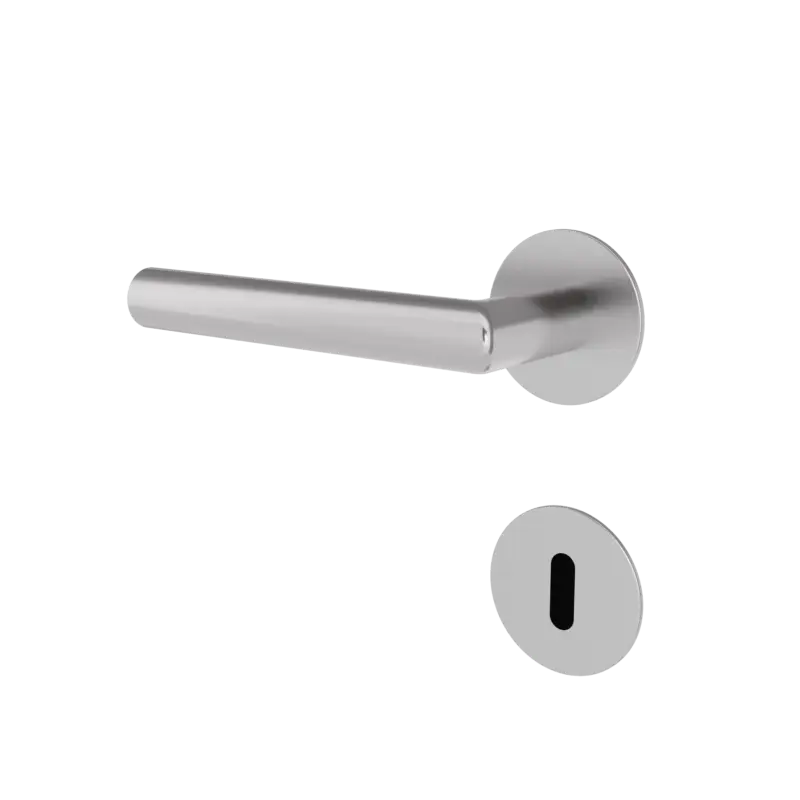 Neue Ware Türgriff mit Flachrosette rund L- Form gerade Modell Baltara Edelstahl Clipsystem