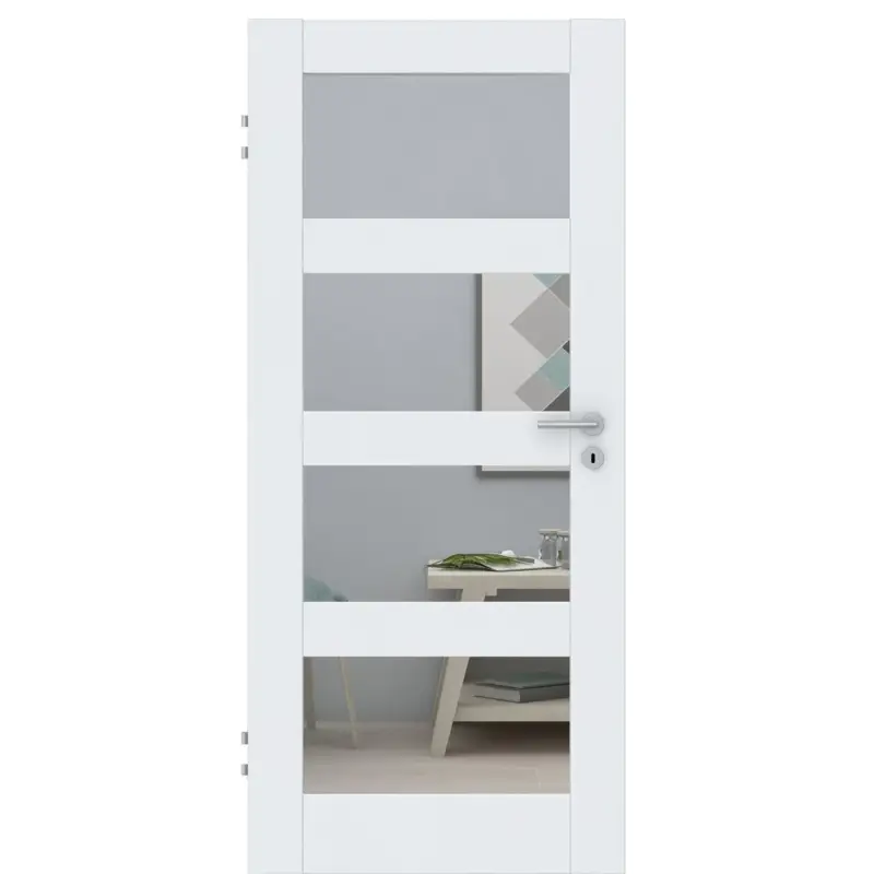Zimmertür CPL brillant-weiß Rahmendesigntür mit 4 Kassetten und Lichtausschnitt Designkante - Modell Stiltür RQ43LA4 Sichere Zahlung