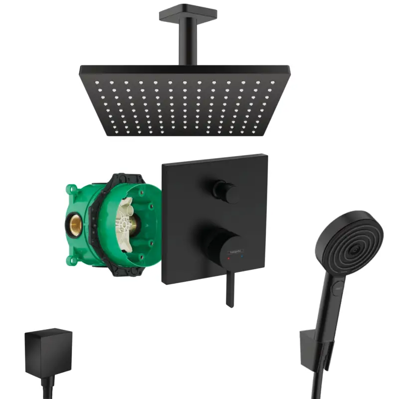 Markenware Hansgrohe Finoris Unterputz Duschsystem Pulsify schwarz matt Vernis Shape 230 Deckenanschluss und iBox