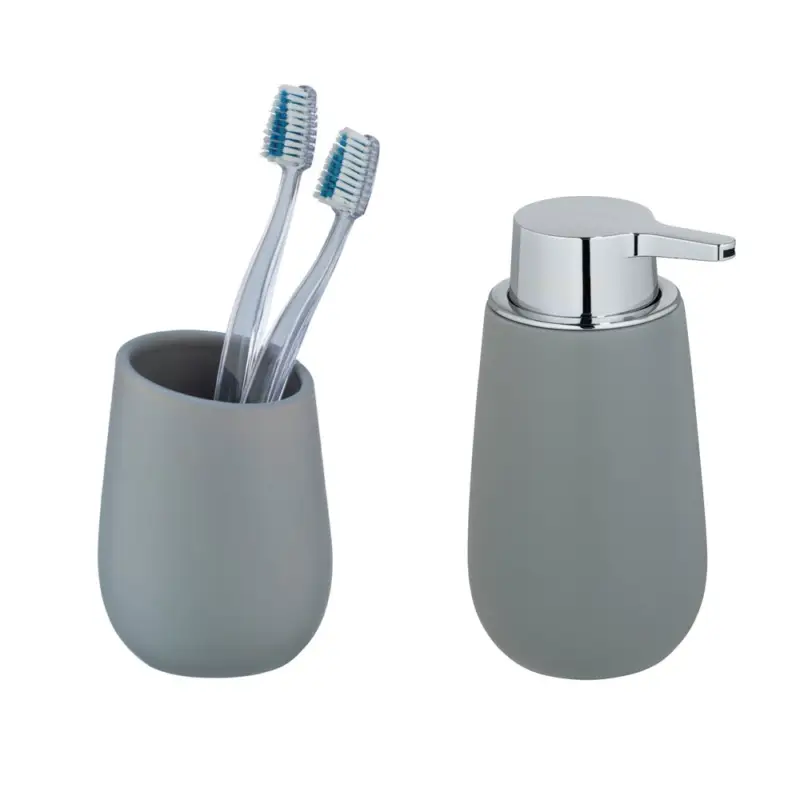 Waschtisch-Set Mod. Badi Grau, 2-tlg.1 Zahnputzbecher, 1 Seifenspender Jetzt Bestellen