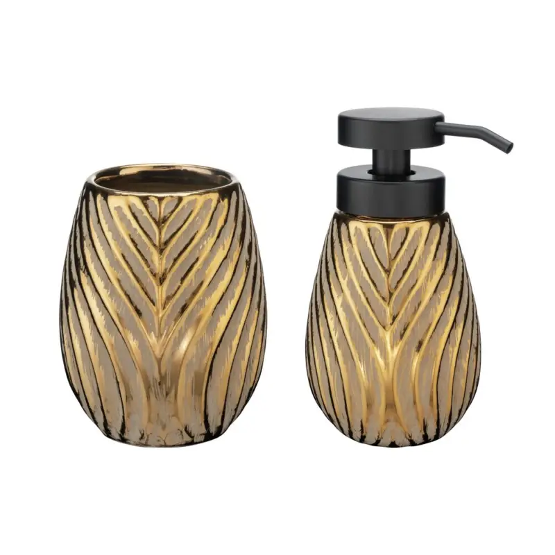 Neuheit Bad-Accessoire Set Mod. Idro Gold, 2-tlg.Seifenspender und Zahnputzbecher