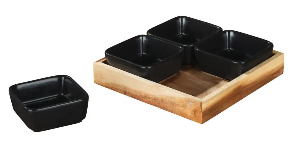 Dip-Schalen mit Tablett Mod. Elo, 5-tlg. Tablett aus FSC® zertifiziertem Akazienholz mit Umrandung Letzte Chance