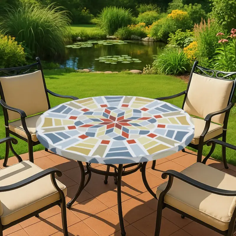 Neu Spann-Tischdecke Mod. Mosaik XL, Ø 85 - 105 cmfür Garten und Outdoor-Bereich