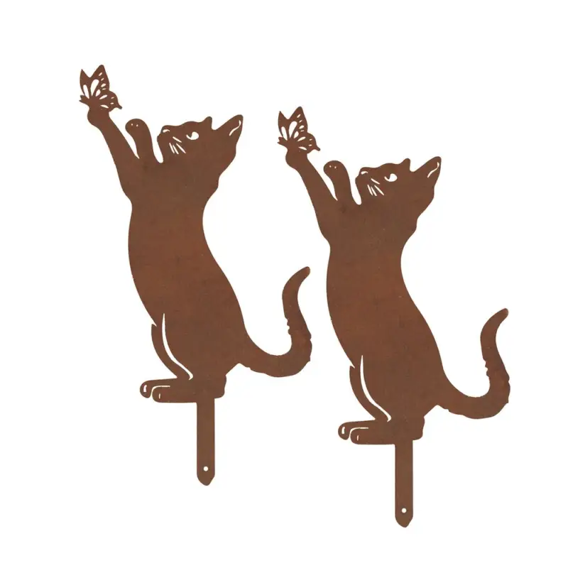 Gartenstecker Katze & Schmetterling, 2er Setwetterbeständig, mit Edelrost-Effekt Echt