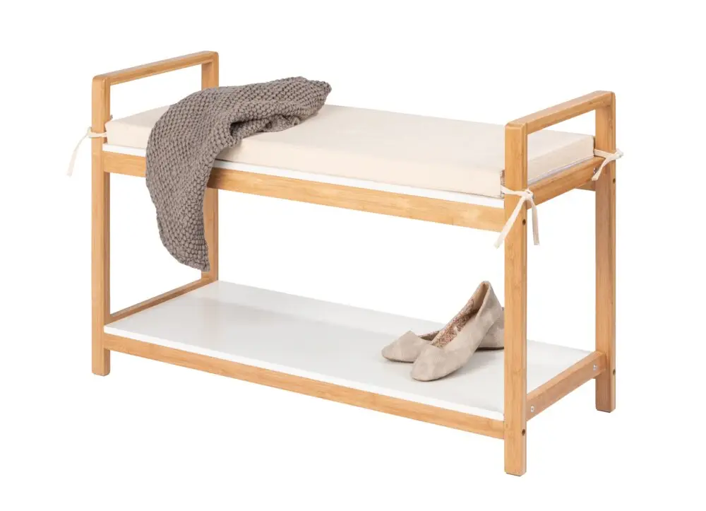 Schneller Versand Schuhbank, natur/weiß, Bambus/MDF, 90x55x34 cmmit gepolstertem Sitzkissen